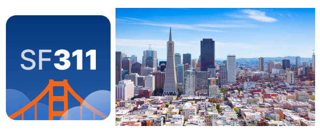 311 logo next to an aerial view of San Francisco skyline