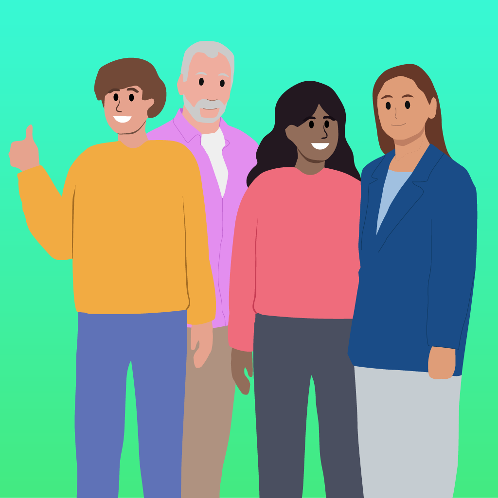 Illustration of four diverse adults standing together and smiling, one giving a thumbs-up gesture.