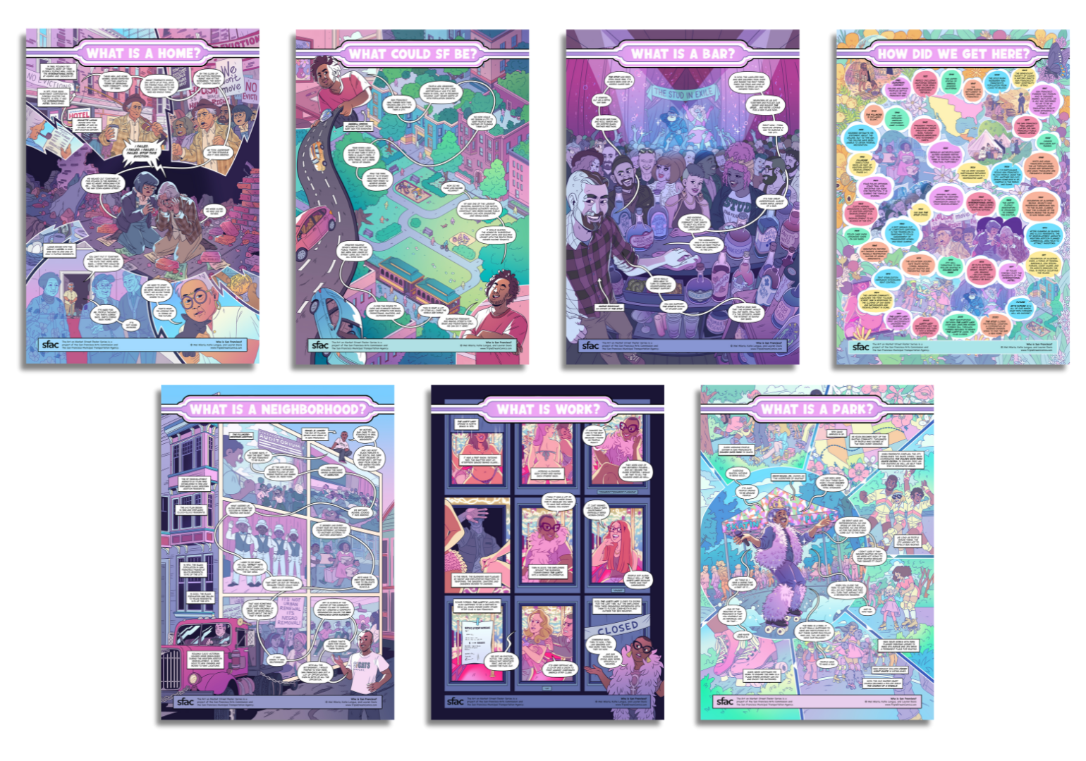 Grid of illustrated posters featuring comic-style scenes and text exploring different visions of San Francisco along Market Street.