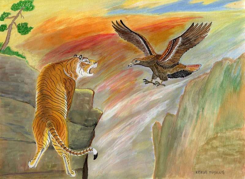 Drawing of a tiger and eagle