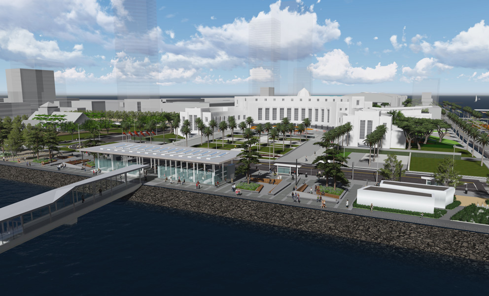 Photograph of Treasure Island showing buildings and landscape during redevelopment, capturing the island’s changing urban environment.