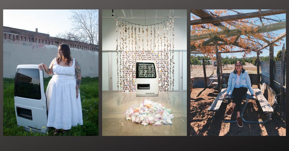Three images. On the left a person standing wearing a white dress holding a white car door, looking to the left. In the middle is an art installation with the car door suspended from the ceiling. On the right, is a person sitting on a picnic table smiling.