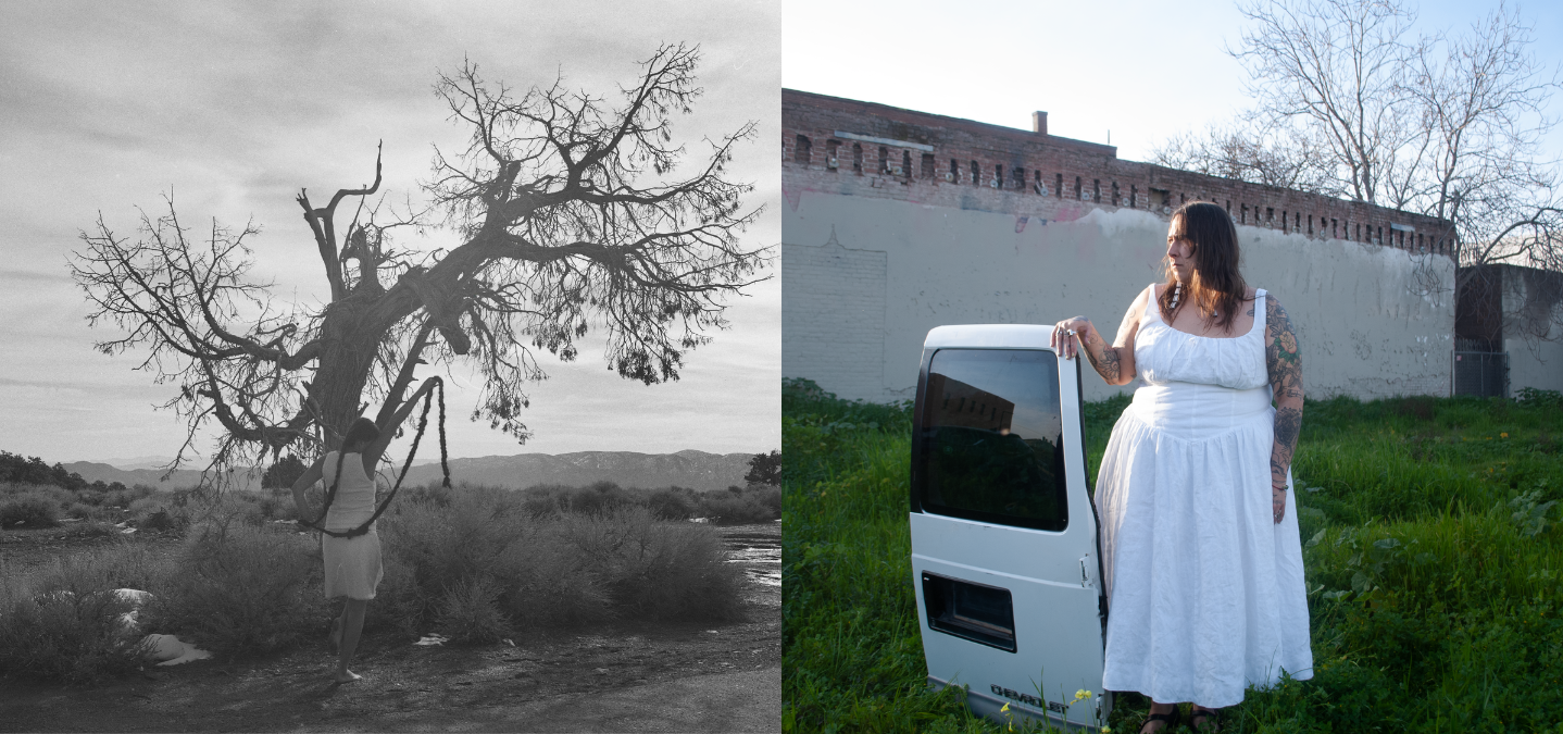 side by side collage of two photos - greyscale photo of woman holding long ponytail up near a dead tree alongside a separate photo of a woman in a white dress standing next to and holding up a severed white car door