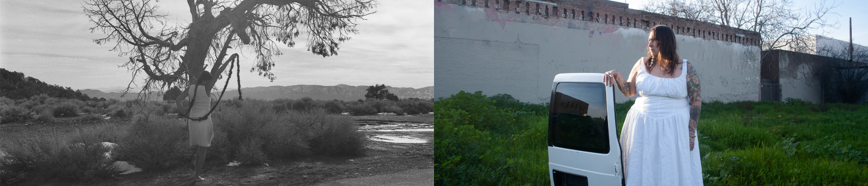 side by side collage of two photos - greyscale photo of woman holding long ponytail up near a dead tree alongside a separate photo of a woman in a white dress standing next to and holding up a severed white car door