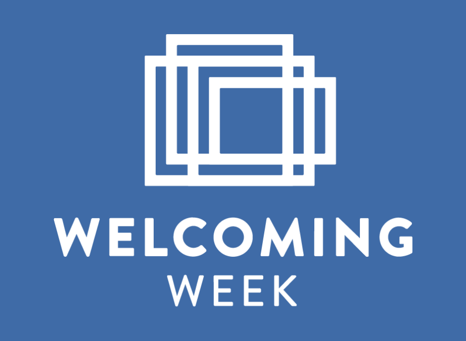 Welcoming Week logo in white with medium blue background