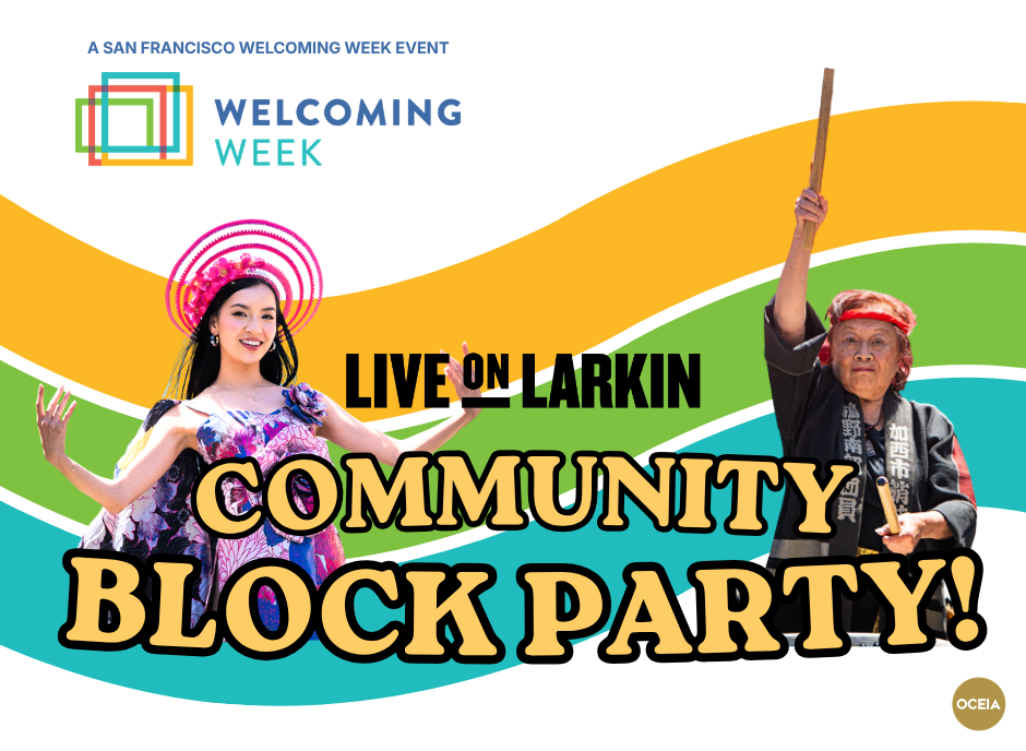 Welcoming Week Community Block Party event image with a Vietnamese fashion model and taiko drummer in surrounding the text with a ribbon of colors in the background.