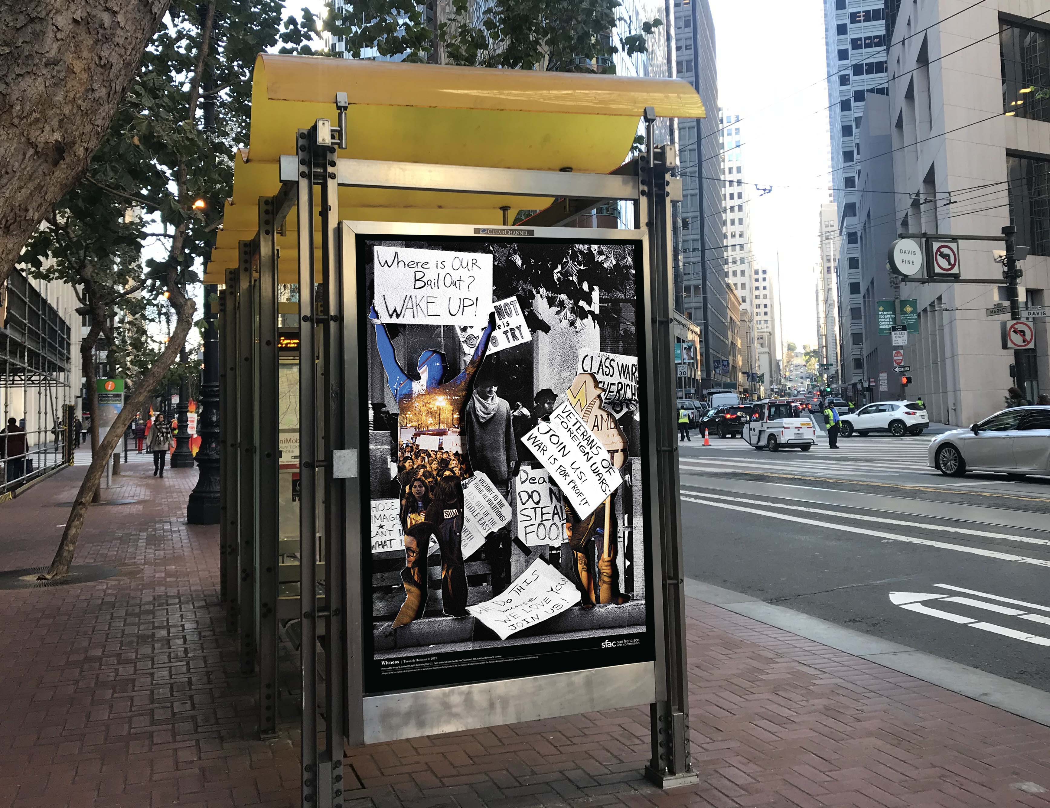 Photographic collage of protest scenes with layered figures from demonstrations, showing crowds, signs, and overlapping moments of public activism.