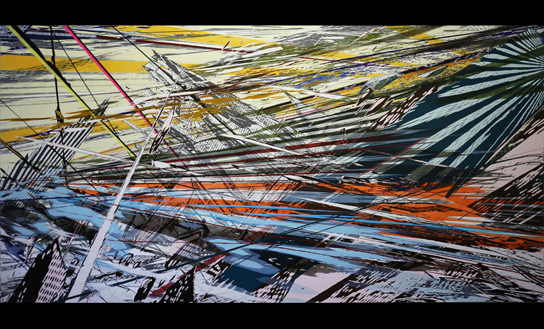 A layered, painterly scene merges fragmented interiors, organic growth, and human presence, evoking a surreal, dreamlike space shaped by memory and imagination.