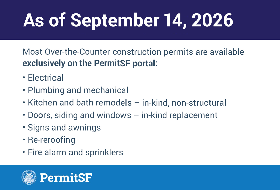 Announcement card stating: Starting September 14, 2026, most over-the-counter construction permits will be available exclusively on the PermitSF portal.