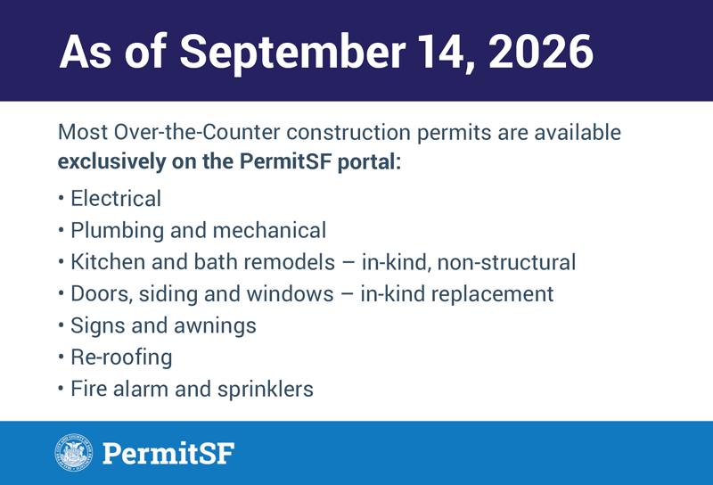 Announcement card stating: Starting September 14, 2026, most over-the-counter construction permits will be available exclusively on the PermitSF portal.