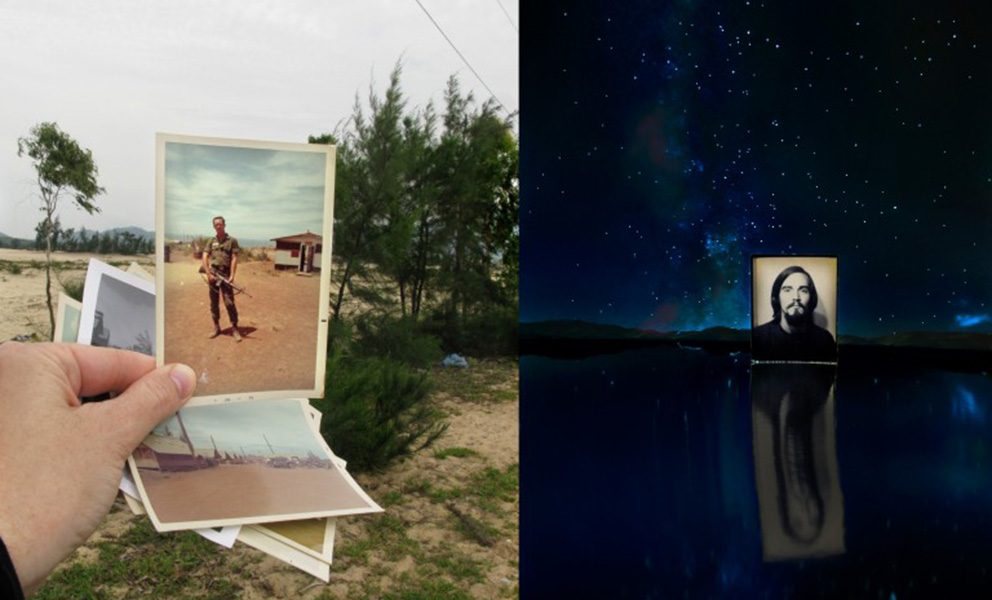 Split image: hand holding old photos in a barren landscape contrasted with a floating portrait over water under a starry sky, evoking memory and reflection.