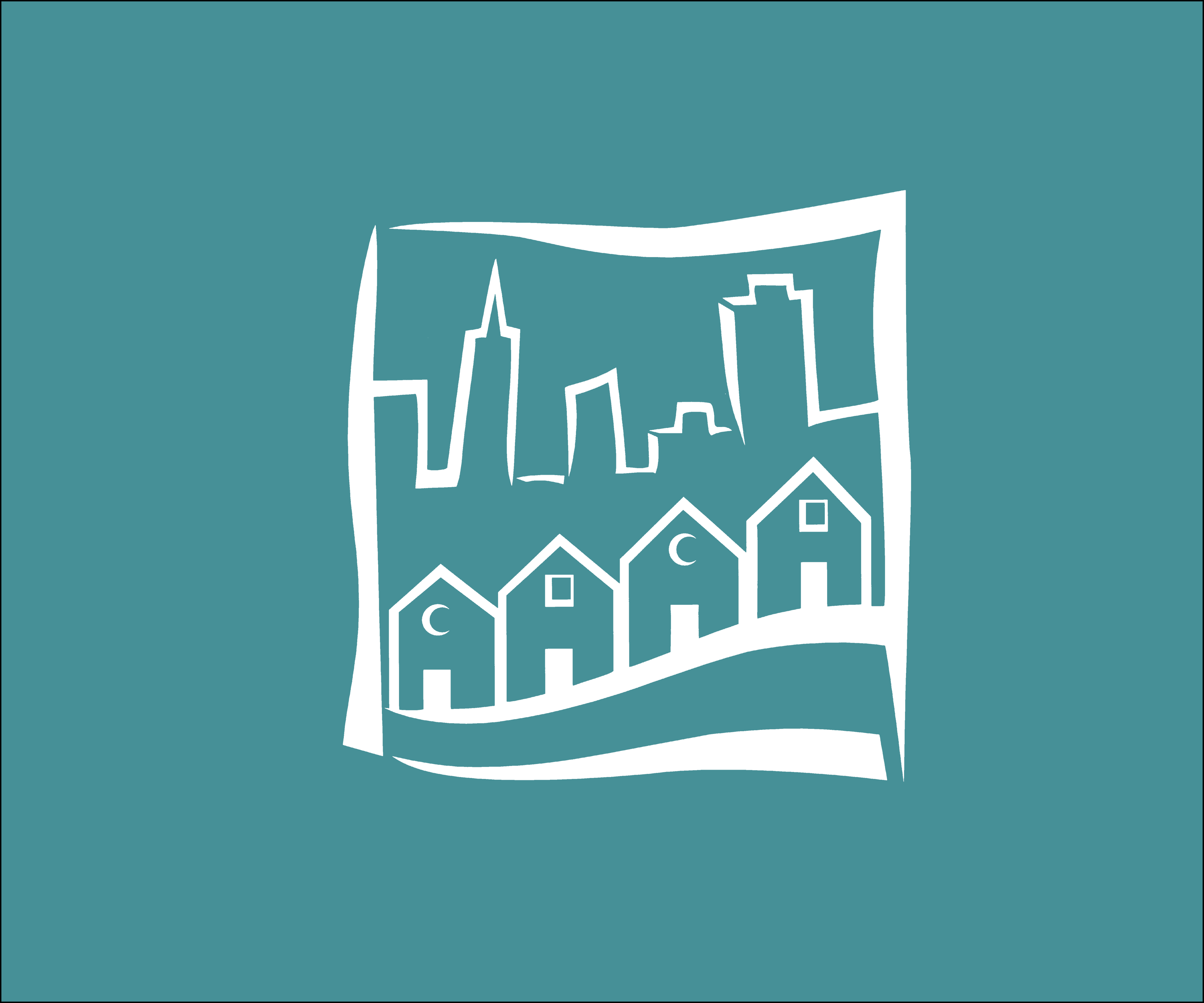 Teal background with white San Francisco city skyline in white