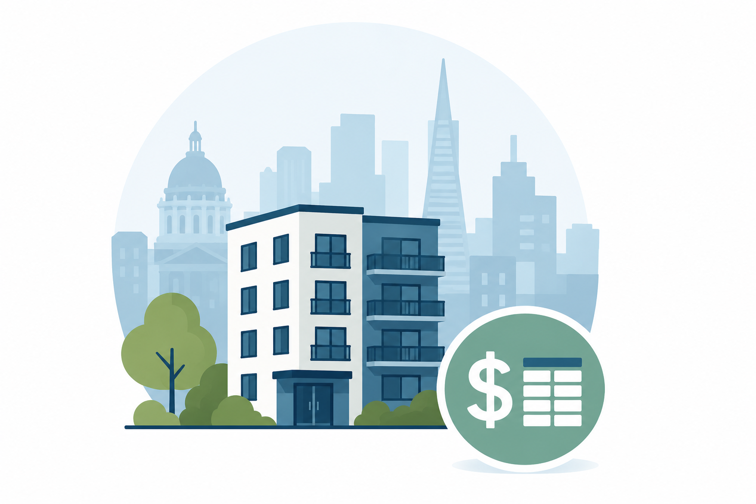 Illustration of a multifamily housing building in San Francisco with income and rent limit symbols