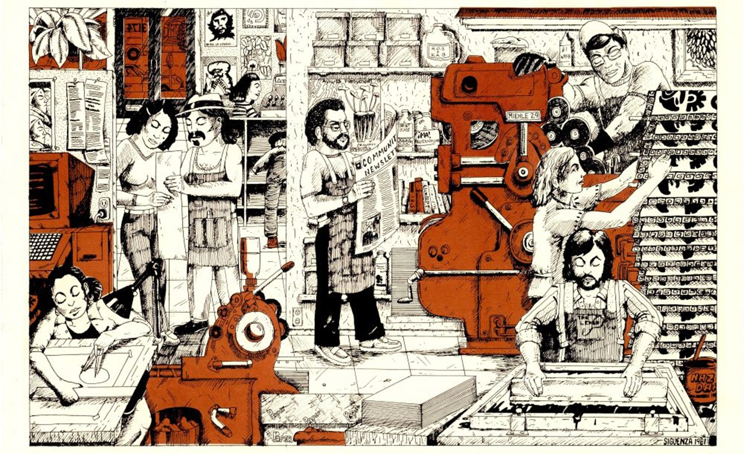 Illustrated print shop scene with multiple people operating presses, reading, and assembling materials, surrounded by tools, papers, and machinery.