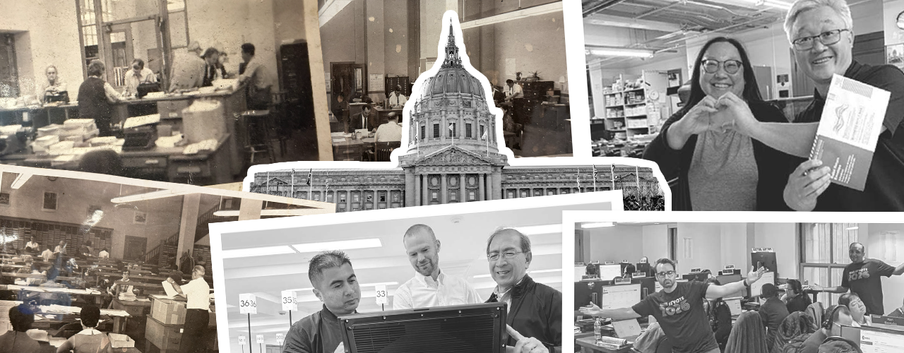 Collage of old and new photos of the Department of Elections, with City Hall as well.