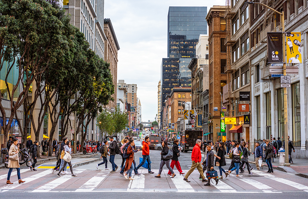 pedestrians crossing a San Francisco street