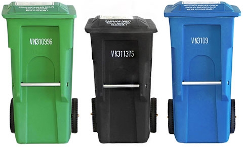 Image of green compost bin, blue recycling bin, and grey trash bin