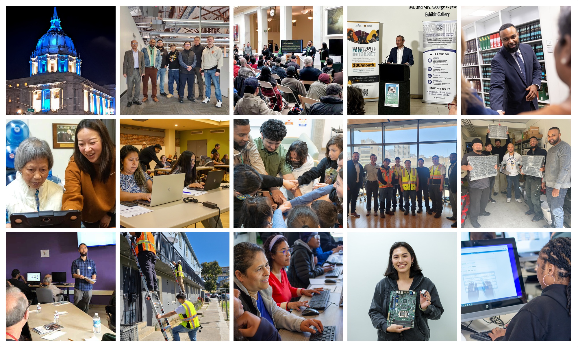Collage of San Francisco Digital Equity leadership, community workshops, learners, technology training, and public service.