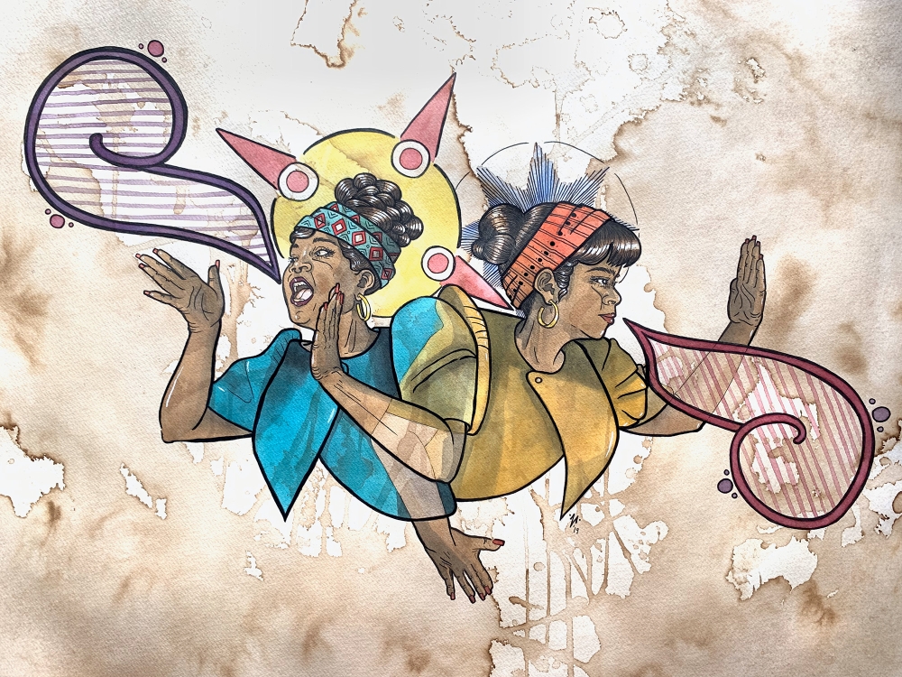 Watercolor illustration showing two women with dark hair and skin, colorful headbands, one with mouth open calling out