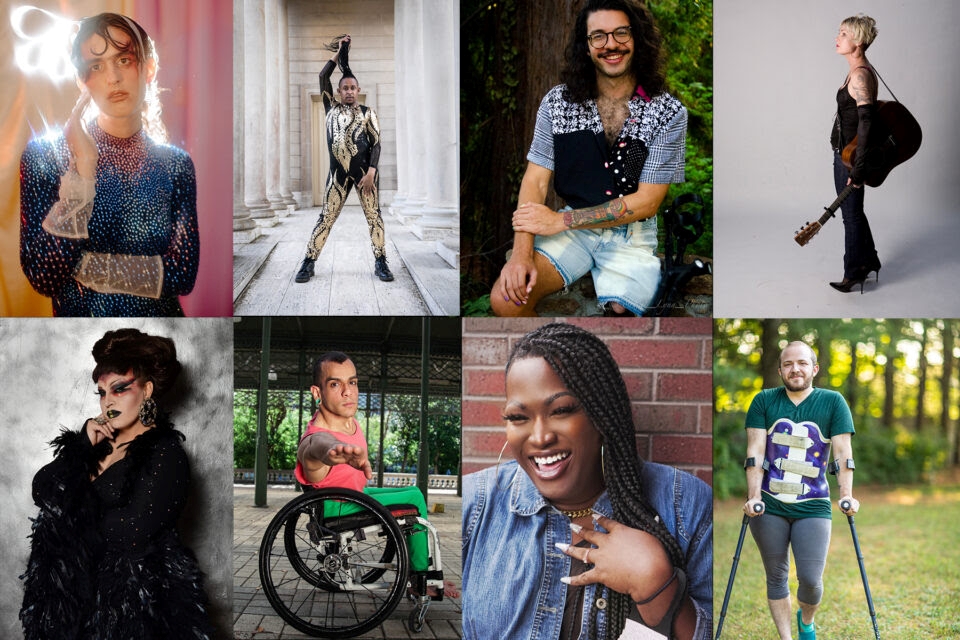 Eight portraits of different performers, with different races, gender expressions, and some with their mobility assistance devices visible