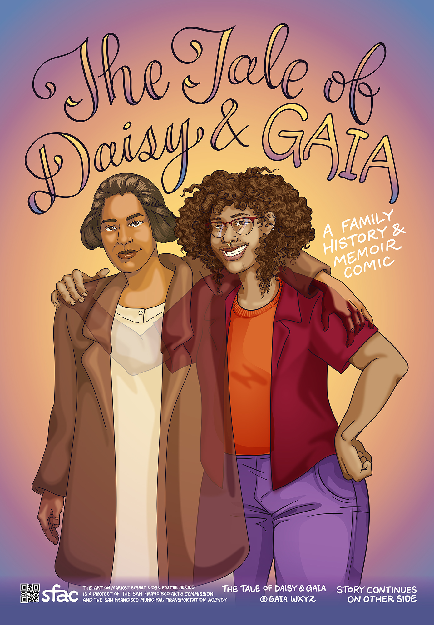 Illustrated cover titled “The Tale of Daisy & Gata,” showing two people smiling with arms around each other against a warm gradient background.