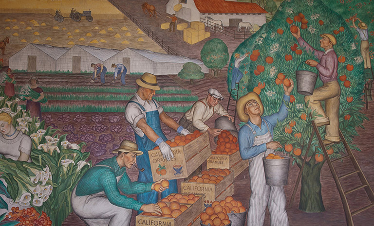 Paining of people collecting fruit