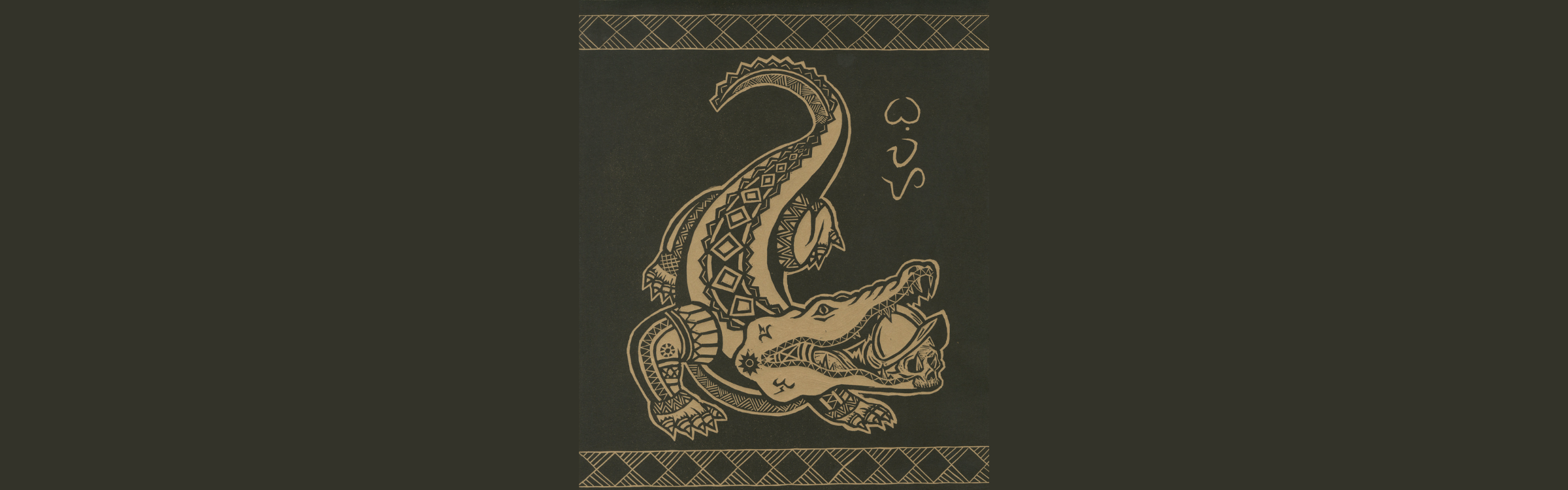 A bold graphic illustration of a crocodile with traditional Filipino tattoos with its mouth open with a skull wearing a conquistador helmet.